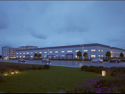 Modern Industrial Factory Building With Green Landscape Lawn Trees And Vehicles 3d model