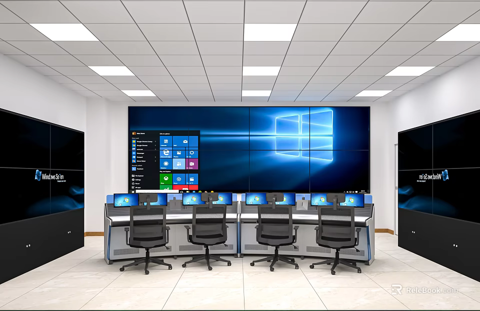 Modern Monitoring Room Interior With Large Screen Multiple Monitors Control Desks And NetView Cabinets 3d model 