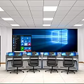 Modern Monitoring Room Interior With Large Screen Multiple Monitors Control Desks And NetView Cabinets