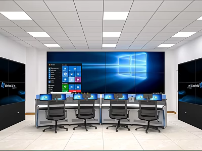 Modern Monitoring Room Interior With Large Screen Multiple Monitors Control Desks And NetView Cabinets 3d model