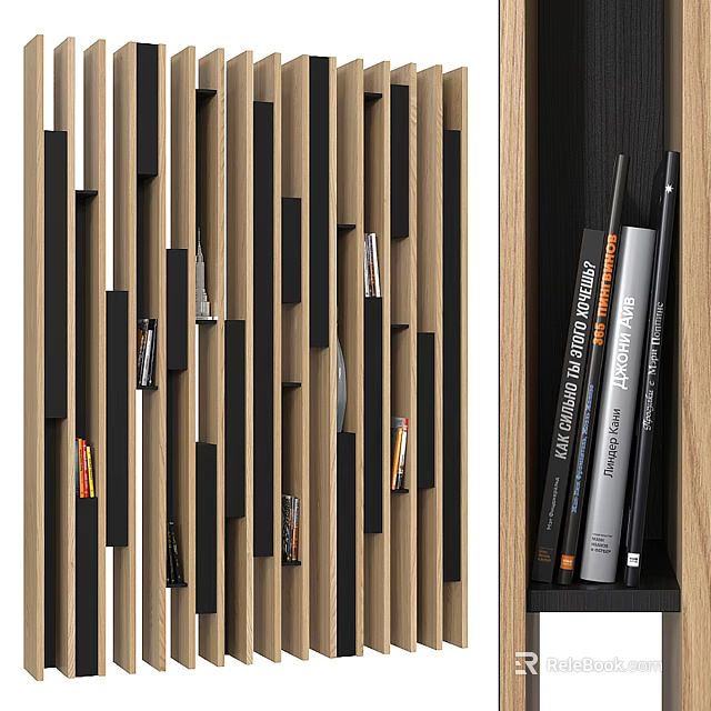 Modern Wooden Room Divider With Black Vertical Slats And Storage For Books Magazines 3d model 