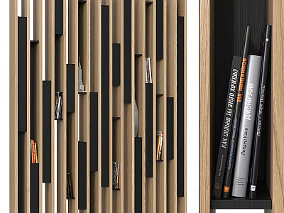 Modern Wooden Room Divider With Black Vertical Slats And Storage For Books Magazines 3d model