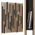 Modern Wooden Room Divider With Black Vertical Slats And Storage For Books Magazines