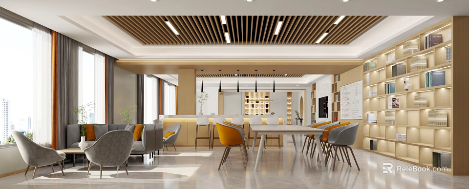 Modern Leisure Area With Cozy Orange Gray Seating Wooden Slat Ceiling And Bright Lighting 3d model 