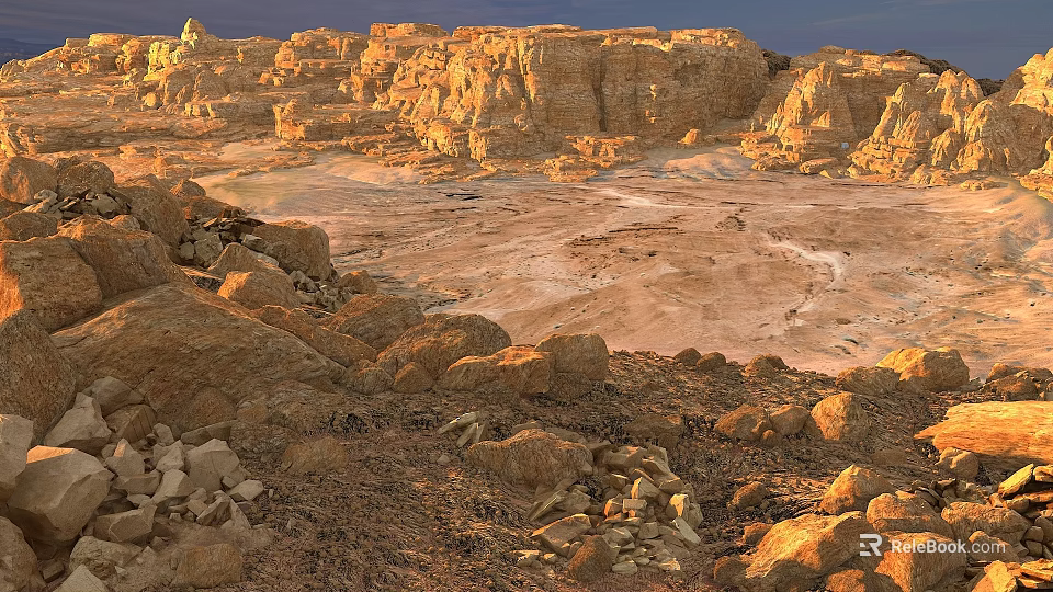 Rugged Desert Scenery With Golden Rock Formations And Sunset Illuminated Valleys 3d model 