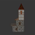 Cartoon Style Castle Tower With Red Patterned Roof Wooden Balcony And Stone Walls