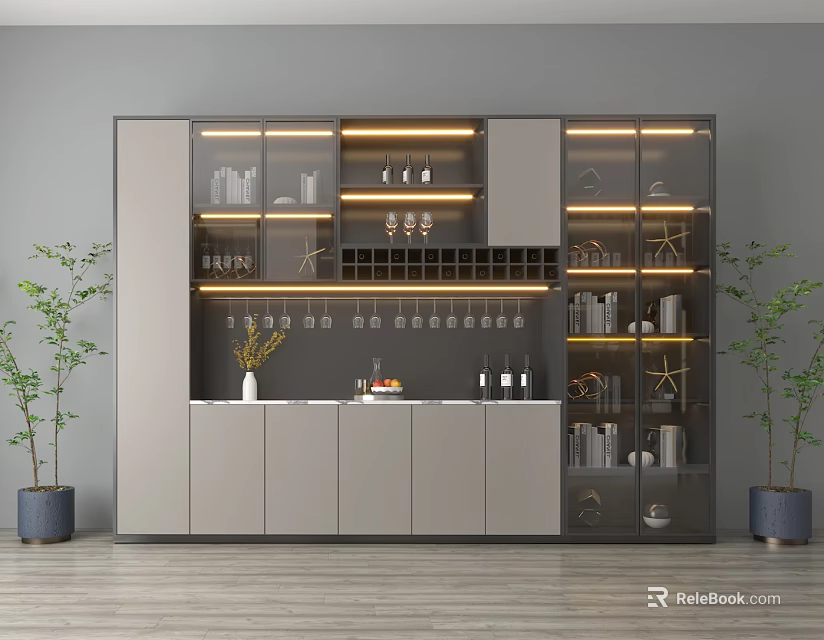 Modern Wine Cabinet Design With Glass Doors Wine Glass Racks And Potted Plants 3d model 