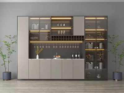 Modern Wine Cabinet Design With Glass Doors Wine Glass Racks And Potted Plants 3d model