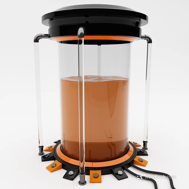 Space Capsule Featuring Transparent Cylindrical Structure With Brown Liquid And Black Orange Base Components 3d model