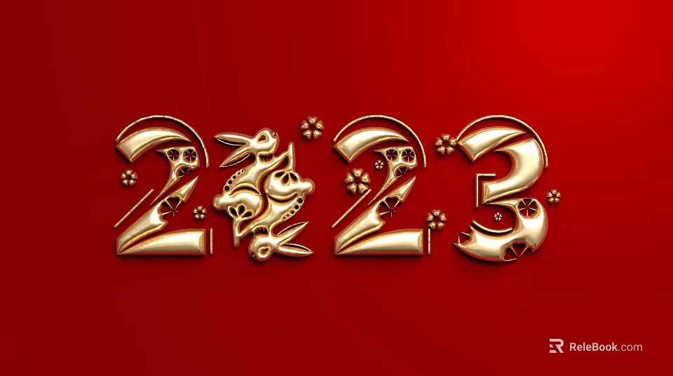 Golden 2023 Rabbit Themed Wall Decor With Red Background And Floral Patterns 3d model 