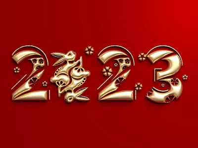 Golden 2023 Rabbit Themed Wall Decor With Red Background And Floral Patterns 3d model