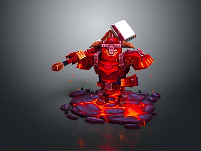 Red Armored Warrior Character With Giant Hammer Standing On Lava Ground 3d model