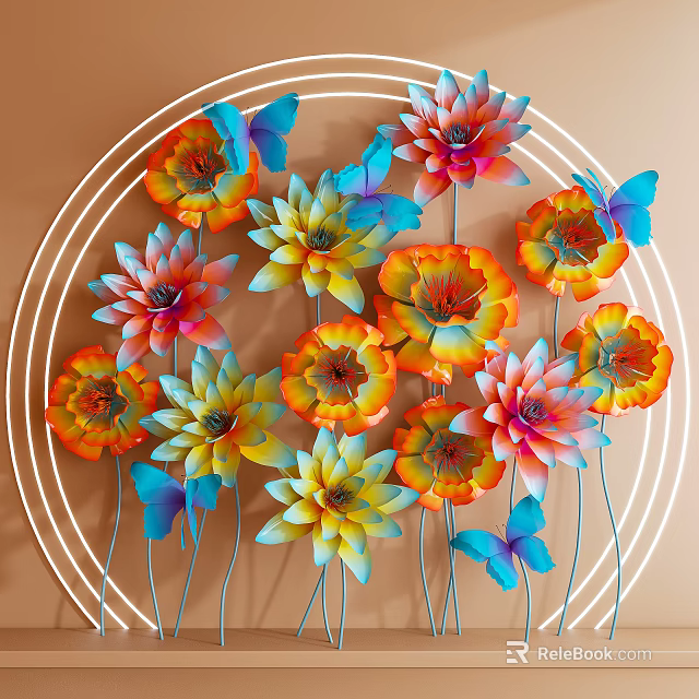 Colorful Floral Art Installation With Blue Butterflies And Circular Lines On Light Brown Background 3d model 