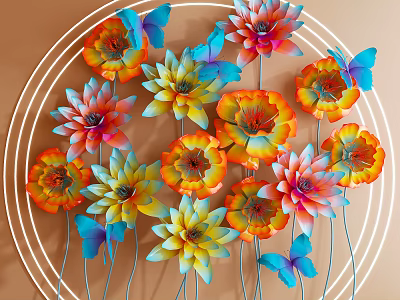 Colorful Floral Art Installation With Blue Butterflies And Circular Lines On Light Brown Background 3d model
