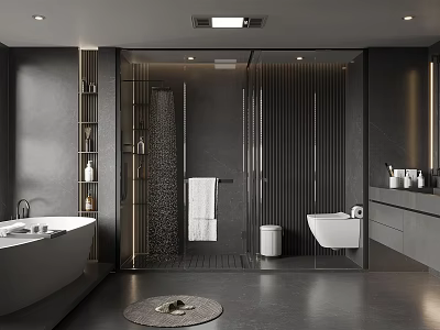 Elegant Modern Bathroom Interior Design With Freestanding Bathtub Glass Shower And Vanity Cabinets 3d model
