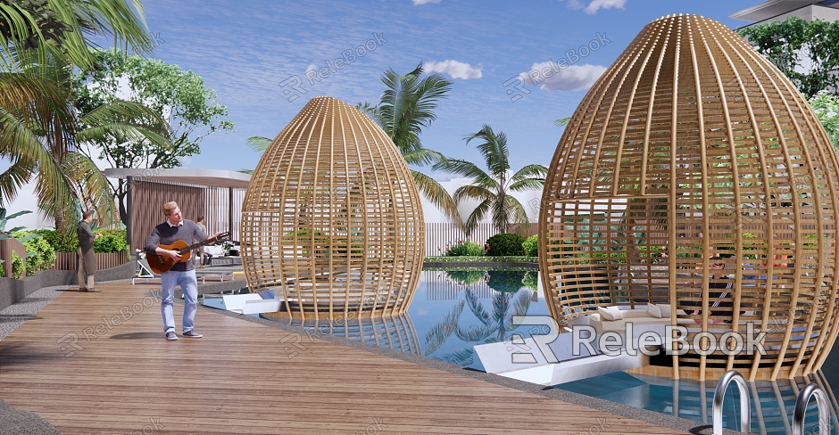 Modern Swimming Pool Thailand Hotel Holiday Residence Apartment View Irregular Swimming Pool Water View Water Bird Cage Card Seat Sofa model