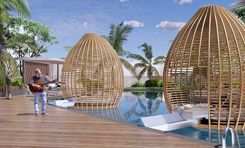 Modern Swimming Pool Thailand Hotel Holiday Residence Apartment View Irregular Swimming Pool Water View Water Bird Cage Card Seat Sofa 3d model