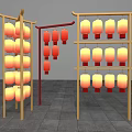 Illuminated White and Red Lanterns Hanging on Wooden Frames in Rows 3d model