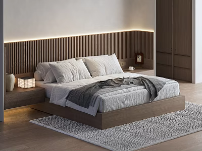 Cozy Modern Double Bed with Wooden Slat Headboard LED Strip Lighting and Textured Rug 3d model