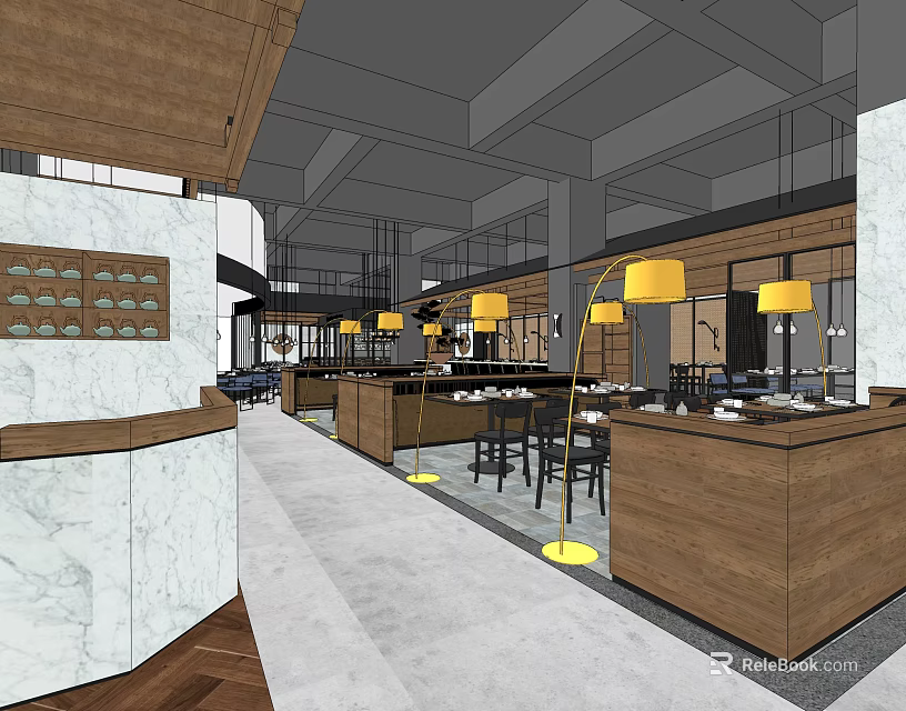 Modern Restaurant Interior With Wooden Bar Counter Marble Top And Yellow Pendant Lights 3d model 