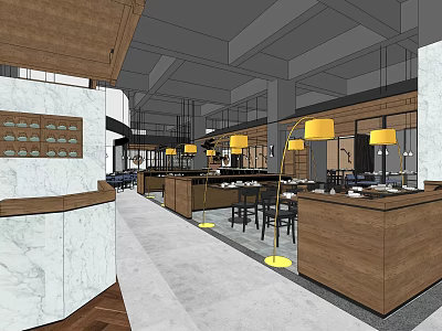 Modern Restaurant Interior With Wooden Bar Counter Marble Top And Yellow Pendant Lights 3d model