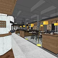 Modern Restaurant Interior With Wooden Bar Counter Marble Top And Yellow Pendant Lights