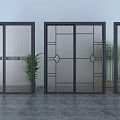 Modern Interior Glass Doors With Stylish Geometric Patterns And Decorative Plants 3d model