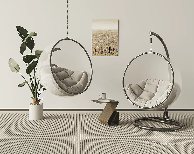 Modern Living Room Interior With Comfortable Hanging Chairs Green Plant And Decorative Painting 3d model 