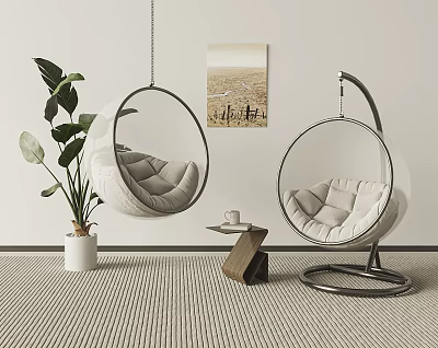 Modern Living Room Interior With Comfortable Hanging Chairs Green Plant And Decorative Painting 3d model