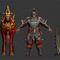 Armored Warrior With Ornate Red Horse And Golden Decorations And Sword