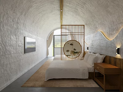Cozy Arched Cave Style Hotel Guest Room With Zen Wooden Partition And Scenic Outdoor View 3d model