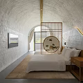 Cozy Arched Cave Style Hotel Guest Room With Zen Wooden Partition And Scenic Outdoor View