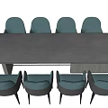 Modern Dining Table Set With Long Wooden Table And Blue Backrest Dark Leg Chairs