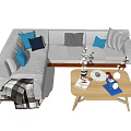 Gray Sectional Sofa With Colorful Patterned Throw Pillows Wooden Coffee Table And Plaid Blanket 3d model