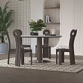 Round Table And Chairs Set With Wooden Frame Upholstered Seats Green Plants Bookshelf And Rug