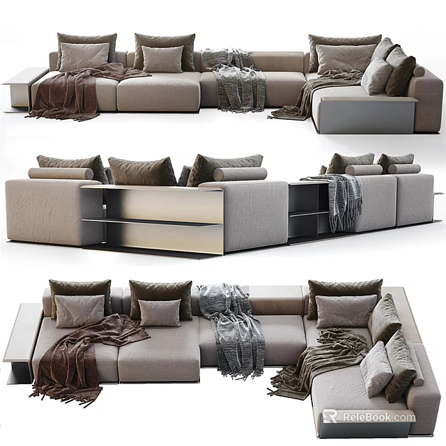 Modern Sectional Sofa With Neutral Tone Decorative Pillows And Soft Blankets 3d model