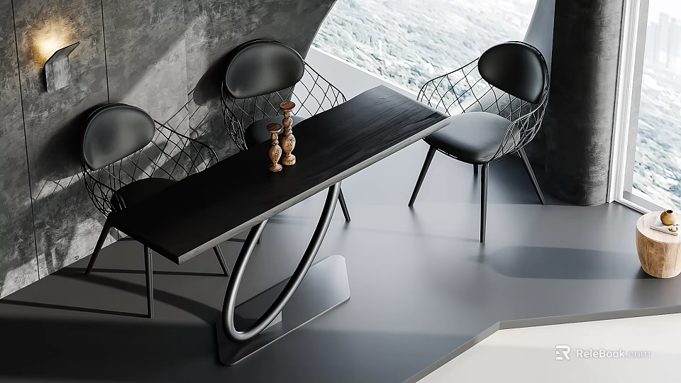 Modern Black Dining Table Set With Wireframe Metal Chairs Curved Base Figurines And Window View 3d model 