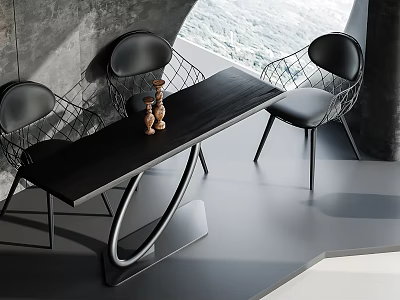 Modern Black Dining Table Set With Wireframe Metal Chairs Curved Base Figurines And Window View 3d model