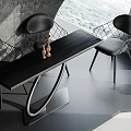 Modern Black Dining Table Set With Wireframe Metal Chairs Curved Base Figurines And Window View