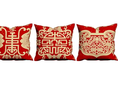 Red Decorative Pillows with Golden Double Happiness Characters and Traditional Patterns 3d model