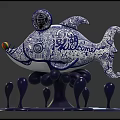 Decorative Fish Shaped Ornament Set Blue White With Intricate Patterns Artistic Base 3d model