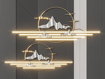 Modern Wall Decor With Golden Circular Frames Abstract Mountain Shapes And Illuminated Strips 3d model