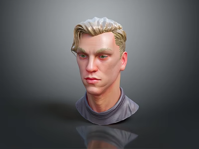 Man 3D Model Head With Blonde Hair Green Eyes Gray Turtleneck Dark Background And Reflection 3d model