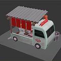 White Food Truck With Gray Roof Red Awning Takeout Sign And Wheels