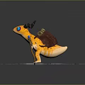 Fantasy Yellow Animal with Blue Eyes Horns and Saddle Bag Standing on Stone Ground