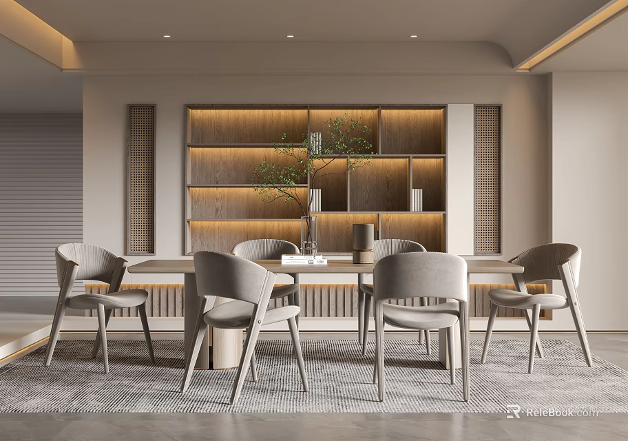 Modern Restaurant Interior Design With Dining Table Chairs Wooden Shelves And Plants 3d model 