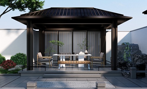 New Chinese pavilion courtyard tea room tea table rockery stacked shrub plant pruning shrub ball 3d model