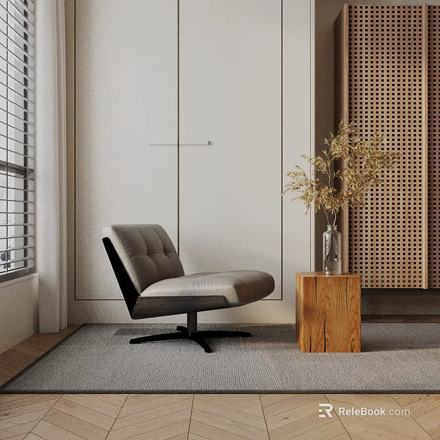 Gray Leather Accent Chair with Wooden Side Table and Dried Flowers Vase in Modern Interior 3d model 