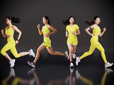 Active Women In Yellow Sportswear Running On Dark Background With Reflective Floor 3d model