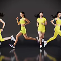 Active Women In Yellow Sportswear Running On Dark Background With Reflective Floor